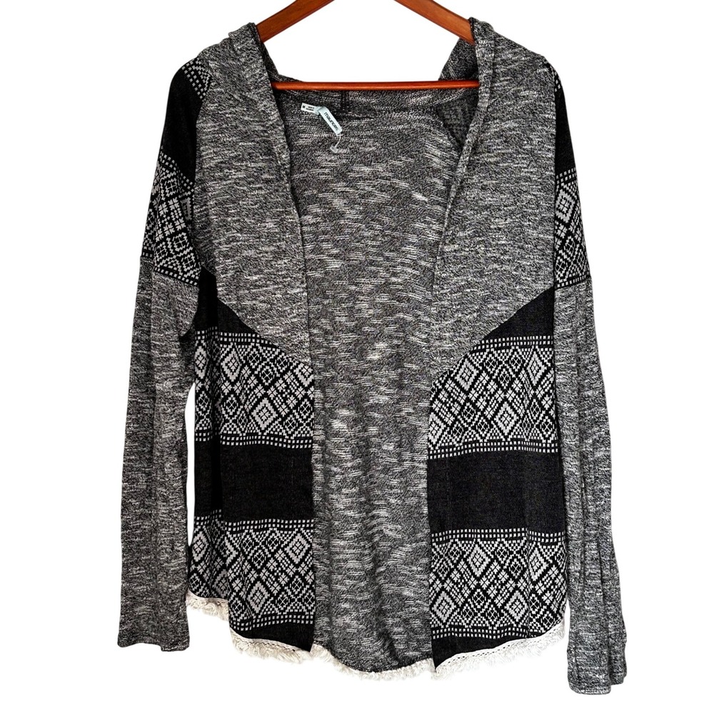Maurices Hooded Open Cardigan Fringe Hem Heathered‎ Black White Size M NWOT